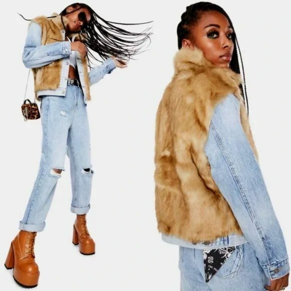 💥DOPE!💥Levi's Furry Fury Faux Fur Oversized Denim Ex Boyfriend Trucker Jacket